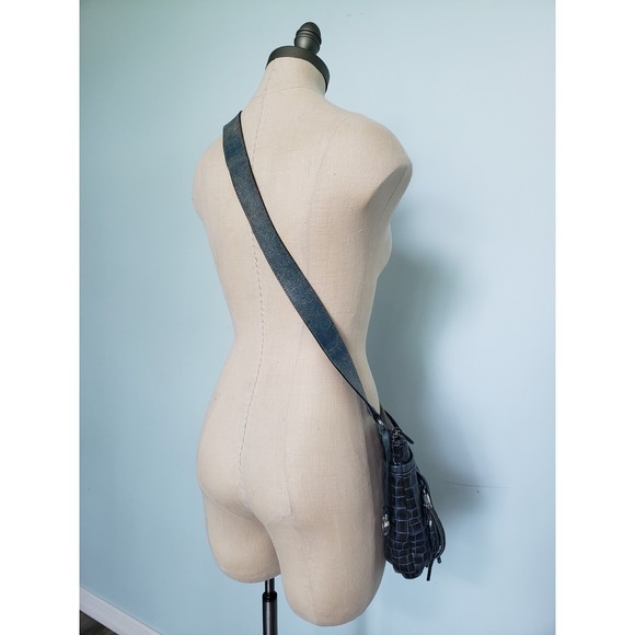 Brighton Leather Purse Crossbody Blue Patent Embossed Crocodile Bag Charm Tassel - Picture 3 of 13